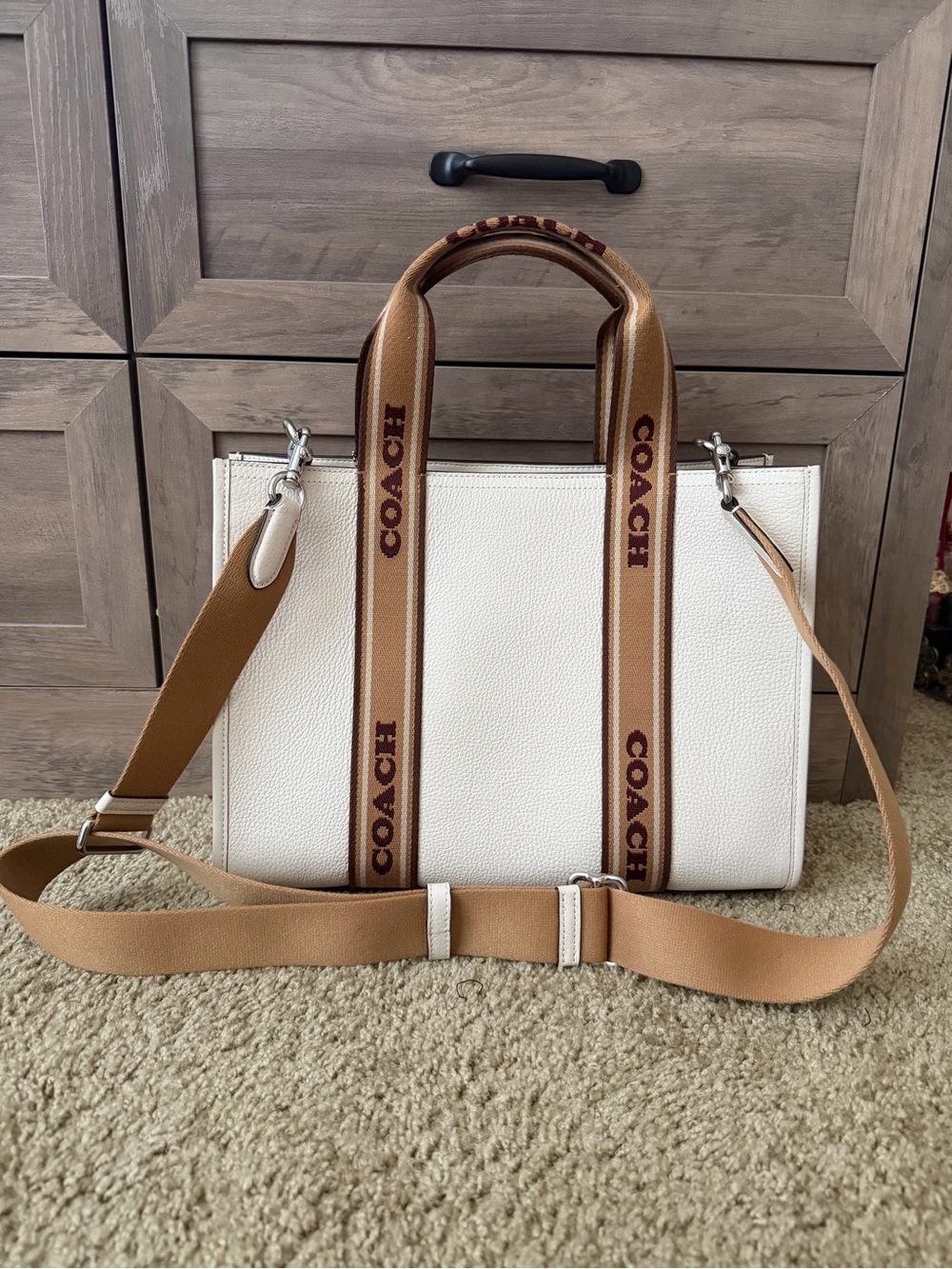 Coach White Pebbled Leather Tote with Brown Logo Webbing Straps - Picture 4 of 7